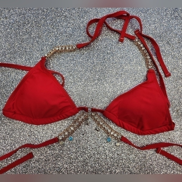 RED JEWELED TYE UP  BIKINI SIZE MED - Picture 2 of 6
